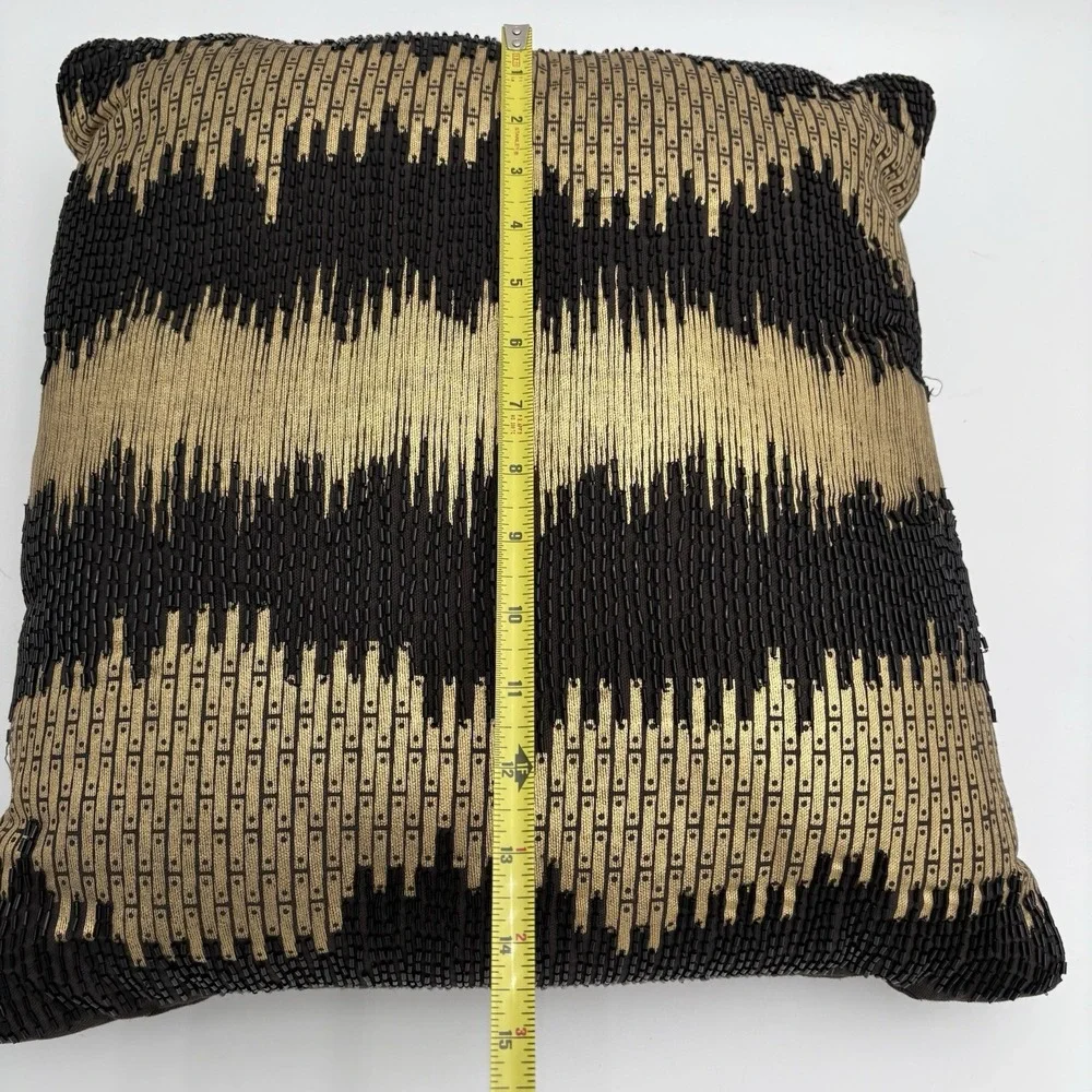 Black And Gold Beaded Geometric Accent Pillow‎ 14x14 Luxury Chic VGUC